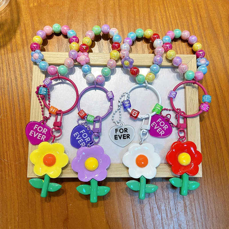 Cute Smiling Flower Keychains Korean Style Sweet Colorful Sunflower Keyrings With Beaded Chains Acrylic Flowers Keys Accessories