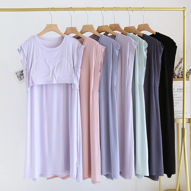 فستان نوم نسائي رفيع بدون أكمام من القطن المشروط مع وسادة صدر صيفية رفيعة وفضفاضة ورقبة دائرية فستان منزلي #3