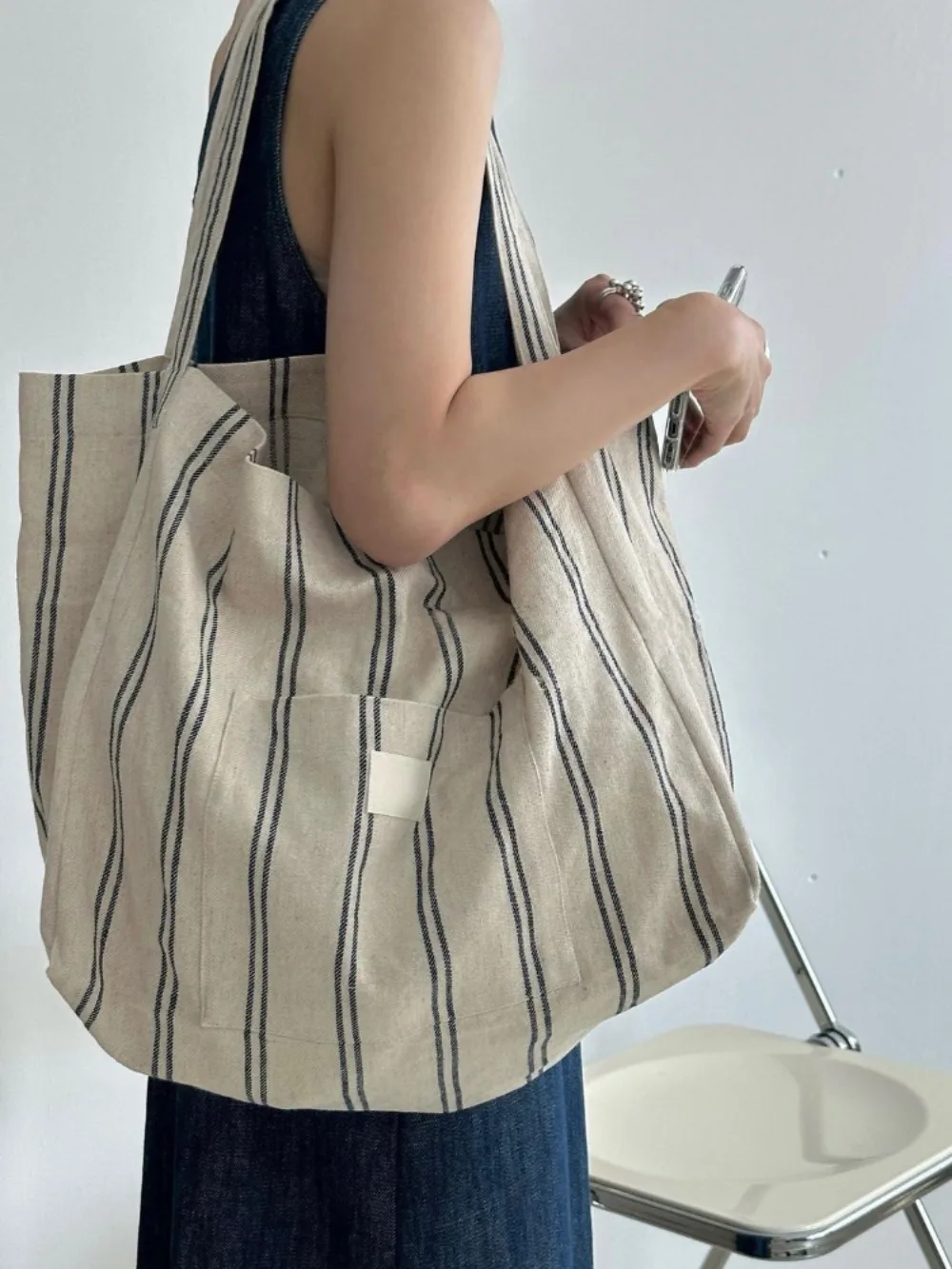 2024 Summer Casual Commuter Korea Shoulder Bags Female Large Capacity Stripe Simple Purses Practical Versatile Single-Shoulder