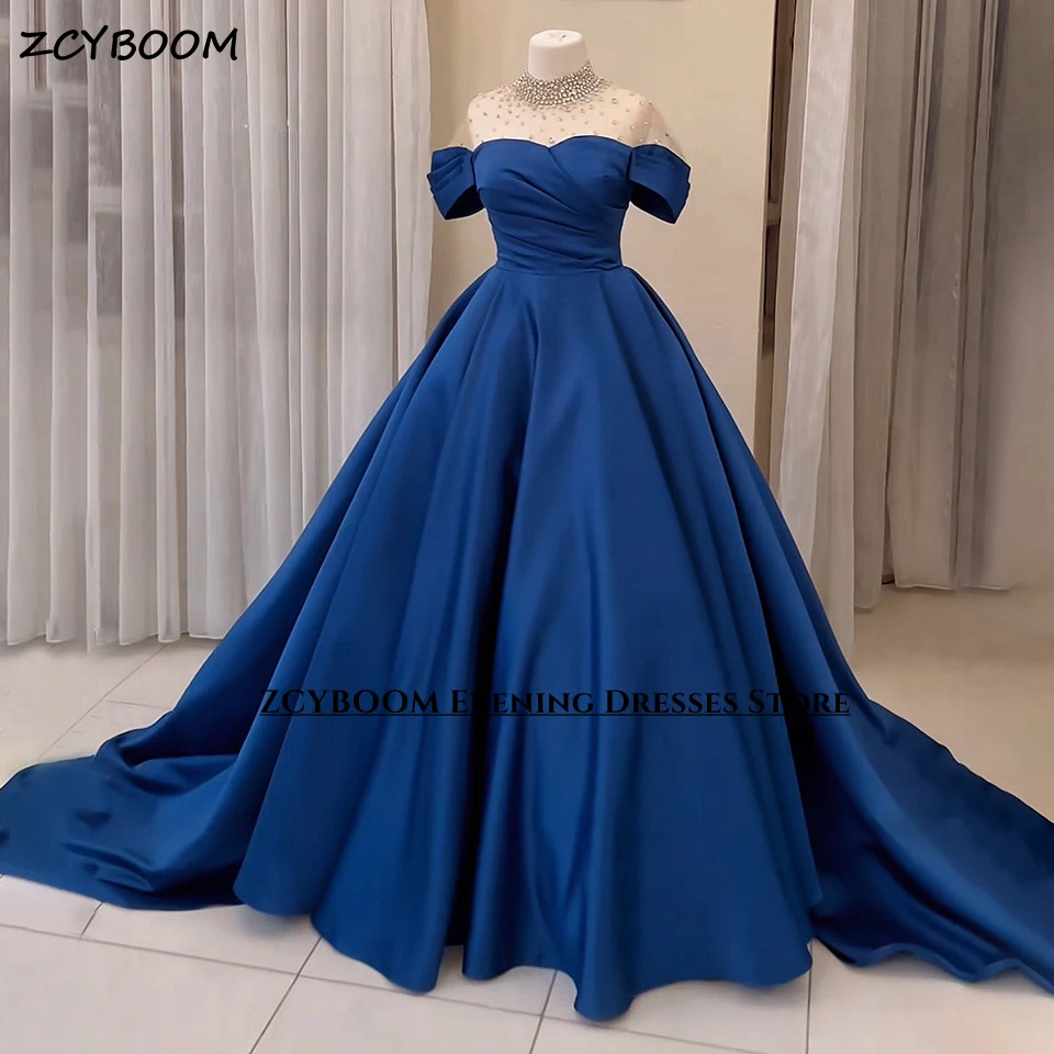 Customized Luxury Navy Blue Sparkling Beading Evening Dresses 2024 Satin Pleated A-Line High Neck Long Party Prom Gown For Women