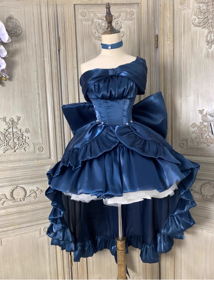 Lolita Princess Blue Pettiskirt Dress Sleeveless High Waist Slim Fit Back Big Bow Long Trailing Strapless Short Dress Women 2024