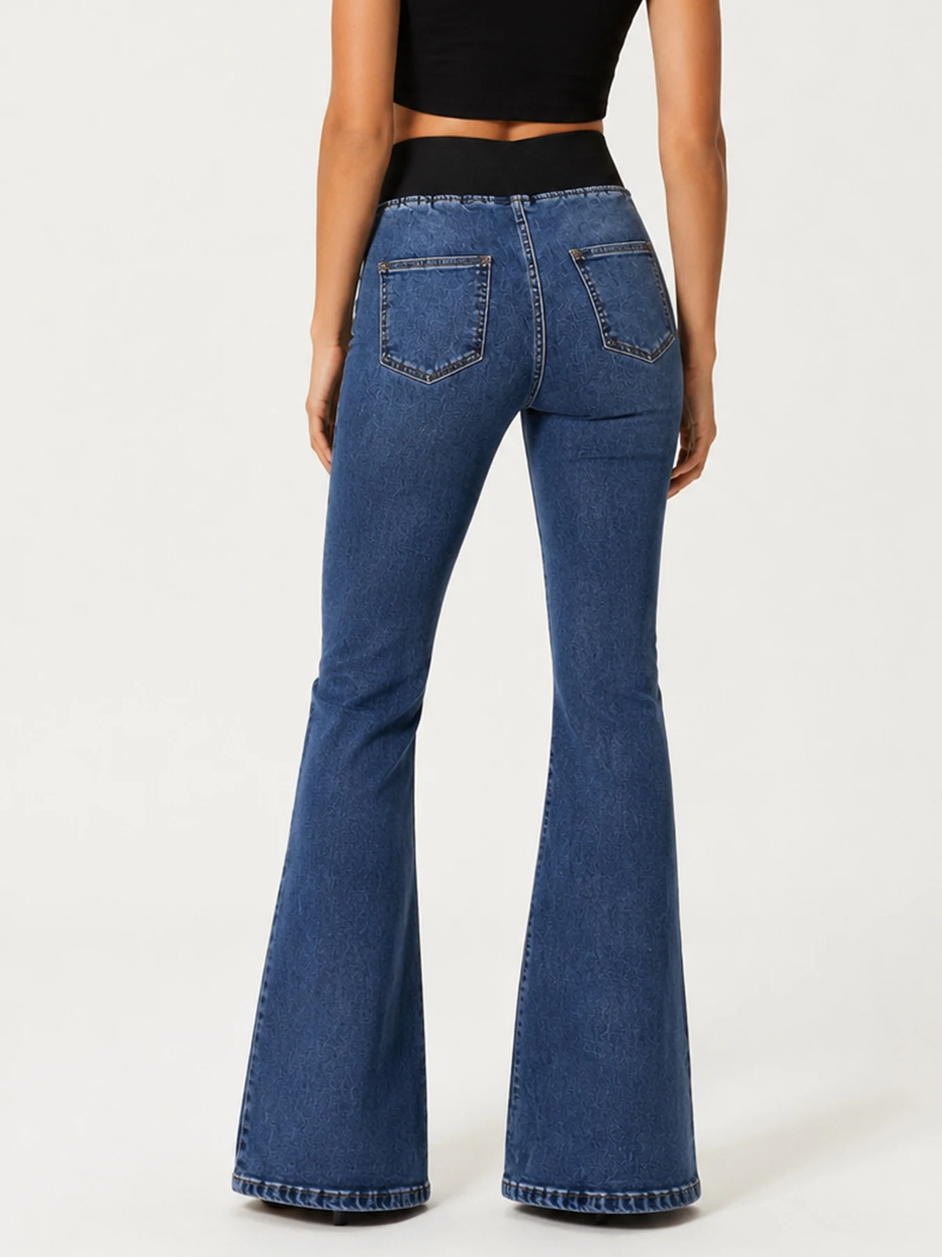 New Women's Low-rise Stretch Dark Wash Blue Flare Jeans, Multi-pocket Design, Women's Jeans and Clothing