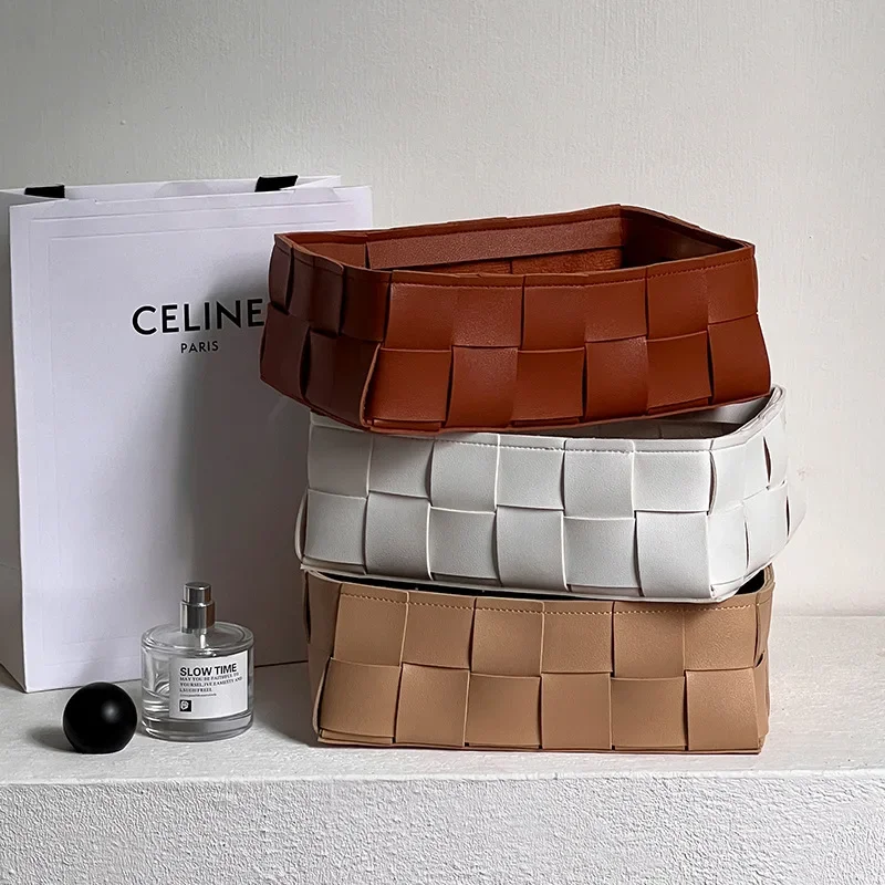 Simple leather woven storage basket key ornament living room entrance entrance desktop storage basket cosmetic storage box