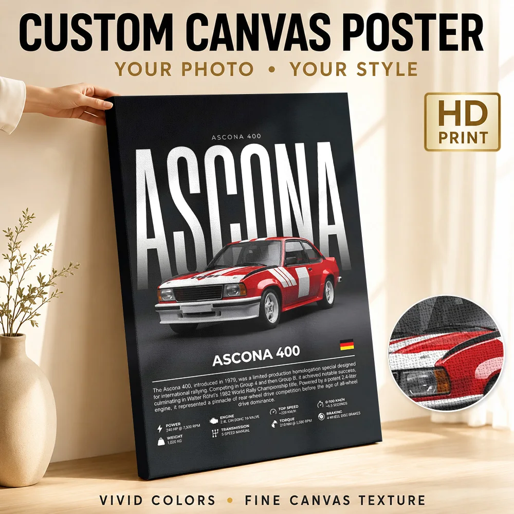 German Ascona 400 Rally Car Framed Canvas Poster Customized Photo Detailed Infographic Wall Art For Loft Motorsport Fan Gift