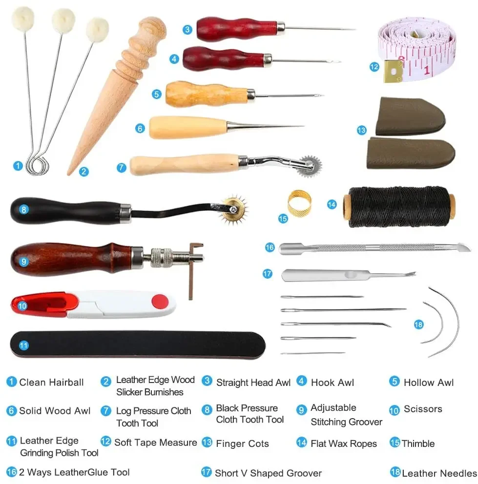 29PCS Leather Sewing Tools DIY Leather Craft Hand Tools Hand Stitching Tool Set with Groover Awl Waxed Thread Thimble Kit