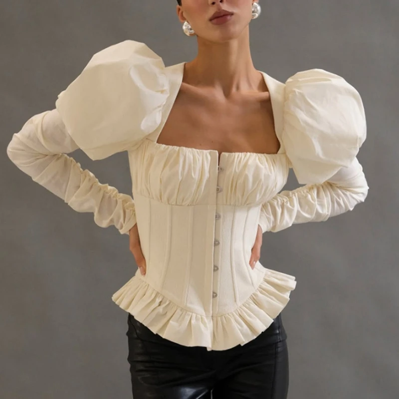 

Fashionable Women's Long Sleeve Bubble Sleeve Shirt Square Collar Design High-End Sensation Trendy Top Commute Style Slim Fit...