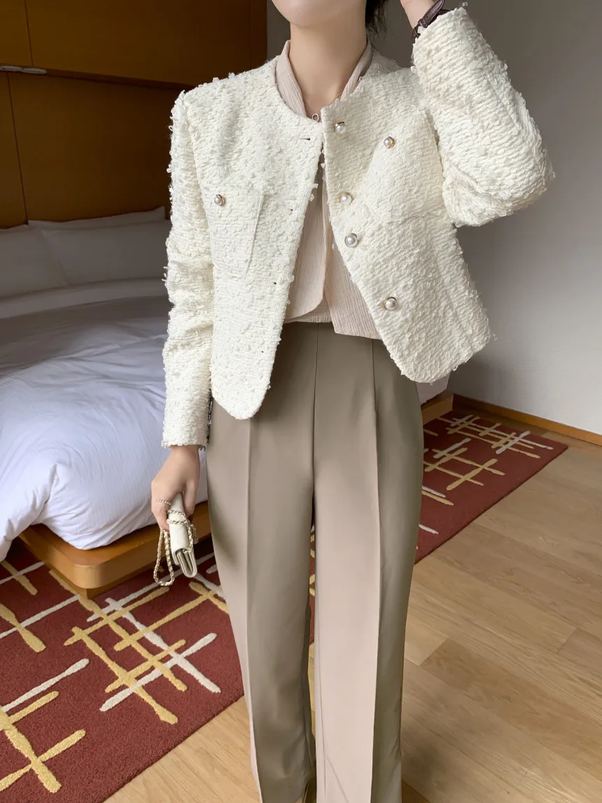 Autumn Fragrant Pearl Single Breasted Loose Long Sleeve Coarse Floral Coat Women Coats