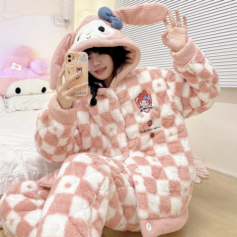 

Kawaii Kuromi My Melody Cinnamoroll Coral Fleece Plus Thick Pajamas Women Winter Anime Sanrioed Three-Layer Quilted Loungewear