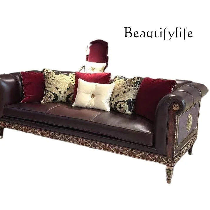 

British light luxury leather double first layer cowhide European sofa home villa living room leisure