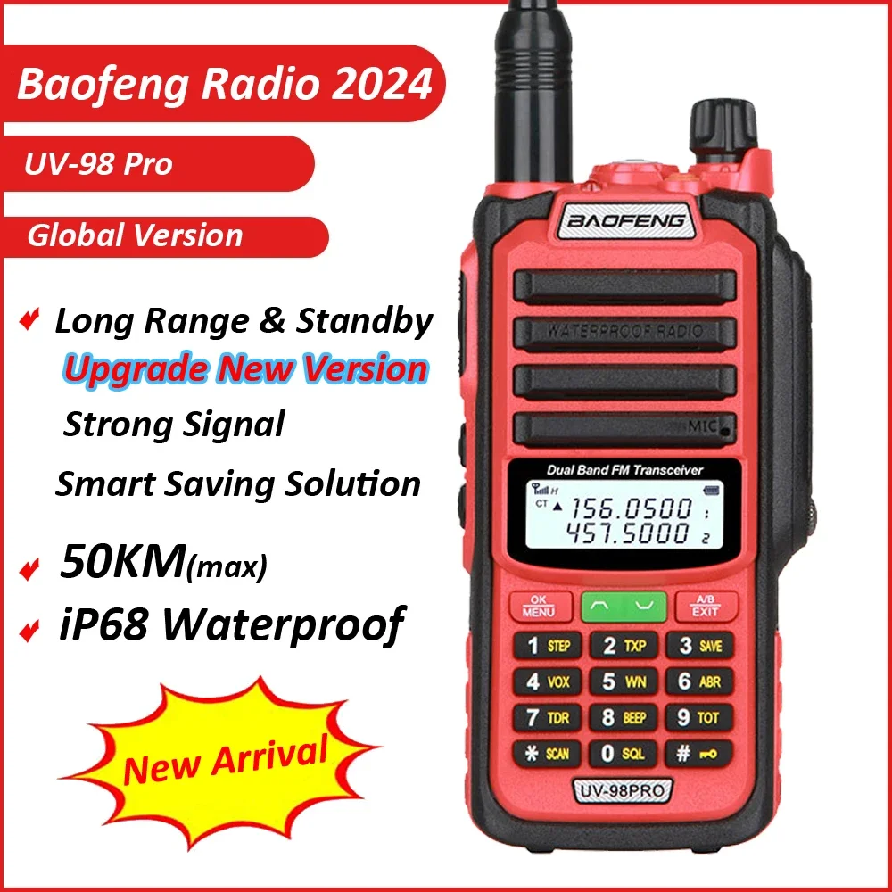 Baofeng-Walkie Talkie de Longo Alcance, Impermeável, Banda Dupla, Rádio FM, HAM, CB, Conjunto sem fio, 50km, IP68, UV-98 Pro, 2022