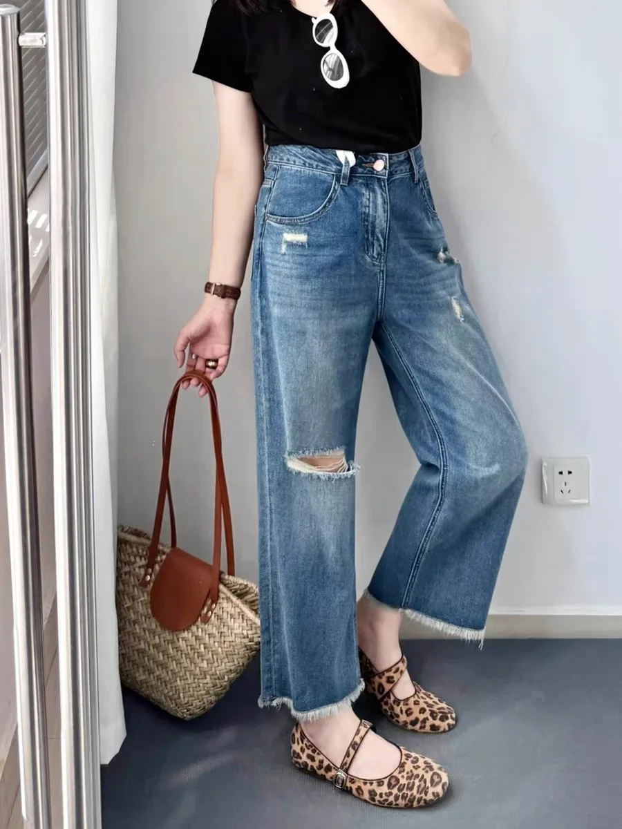

Summer Atmosphere Tagkita Women's Ripped Hem Wide Leg Jeans Casual Style Natural Waist Zipper Fly Loose Fit No Stretch