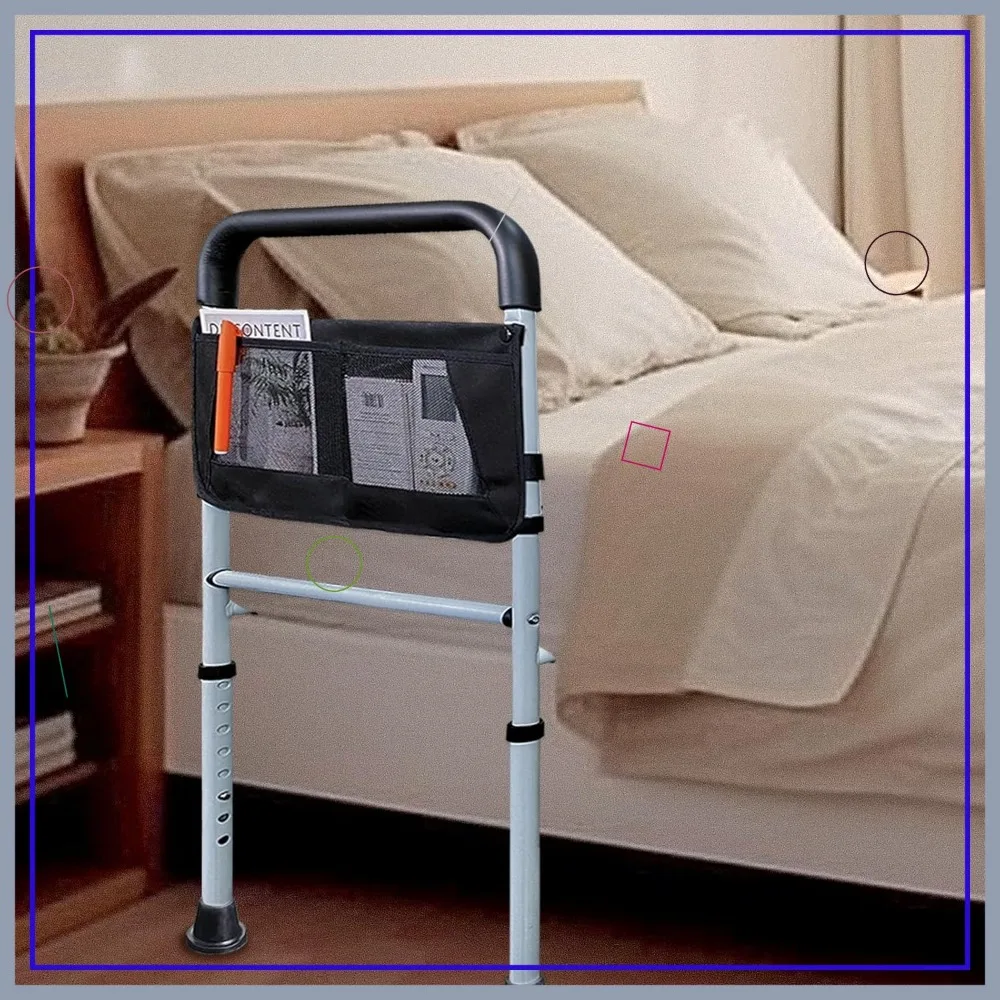 Adjustable Bed Rails for Elderly Safety with Storage Pocket, Slides Under Mattress, Grey