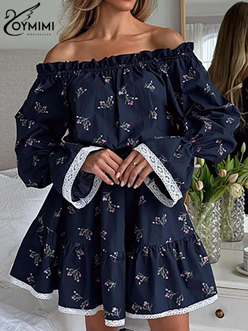 

Oymimi Elegant Navy Blue Print Women's Dress Fashion Lace Long Sleeve Strapless Dresses Casual High Waisted Pleated Mini Dresses