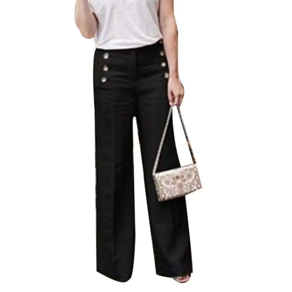 

High Waist Wide Leg Button Cotton Pants Trousers Women Solid Color Long Buttons Linen Trousers