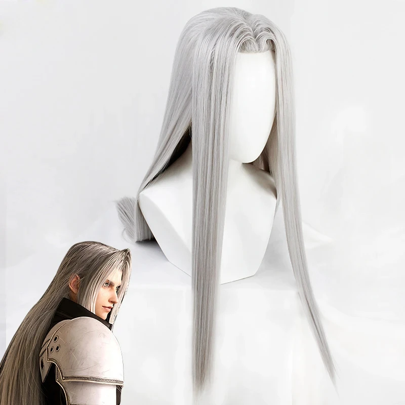 Silver Long Sephiroth Wigs Heat Resistance Fiber Men's Game Synthetic Hair Cosplay Costume Wigs