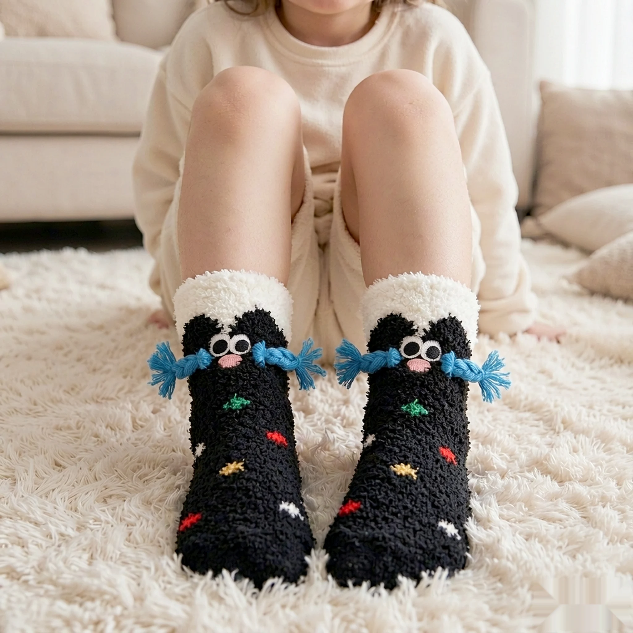 1Pair Black Cat Coral Fleece Non-Slip Floor Socks, 4A Anti-Pilling, Stretch Warm Socks for Kids 1-8Y