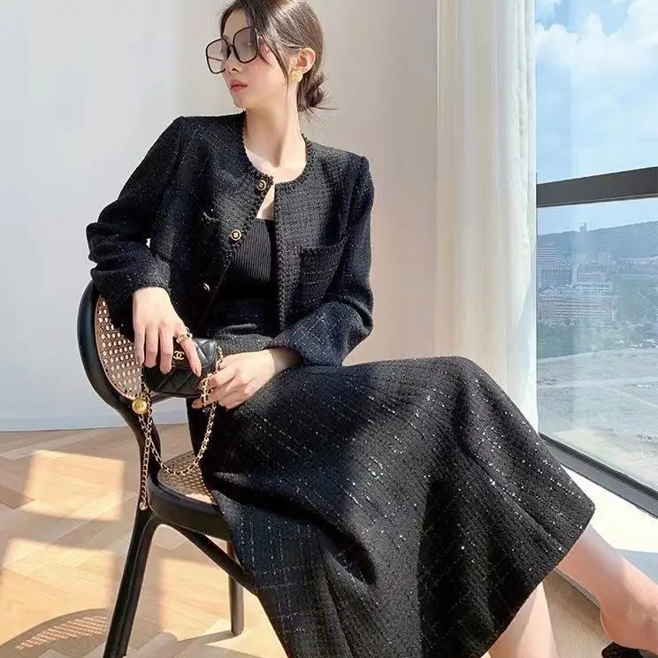 Fall and Winter Women\'s Skirt Suits Fashion Commuter Single-breasted Luxury Tops Jacket A-line Loose Skirt 2pcs Matching Set