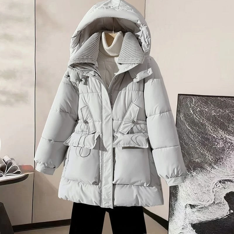 2025 겨울 신상 니트 칼라 스플라이싱 솔리드 컬러 허리 슬림 두꺼운 면 재킷 여성용