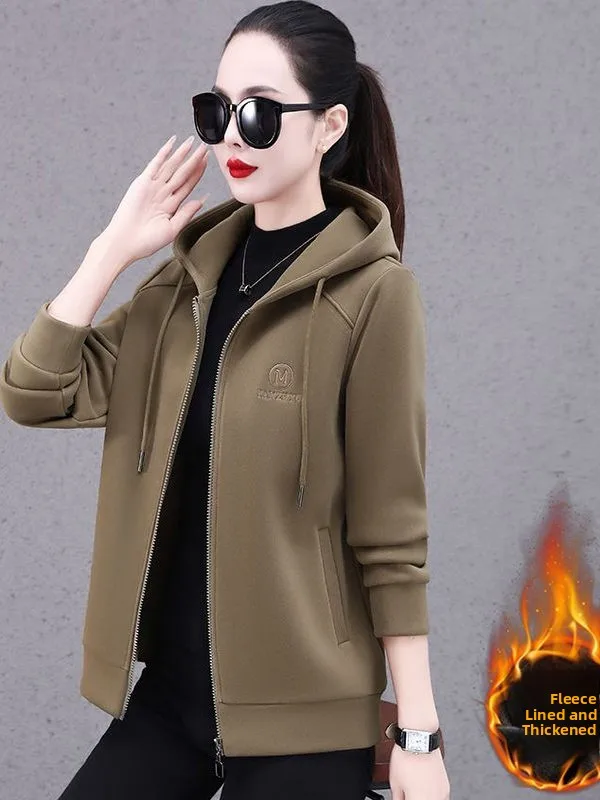 

Ladies Autumn Winter Fleece Lined Zipper Hooded Thickened Sweatshirt Outerwear Fashionable Trendy Korean Style Long Sleeve Top