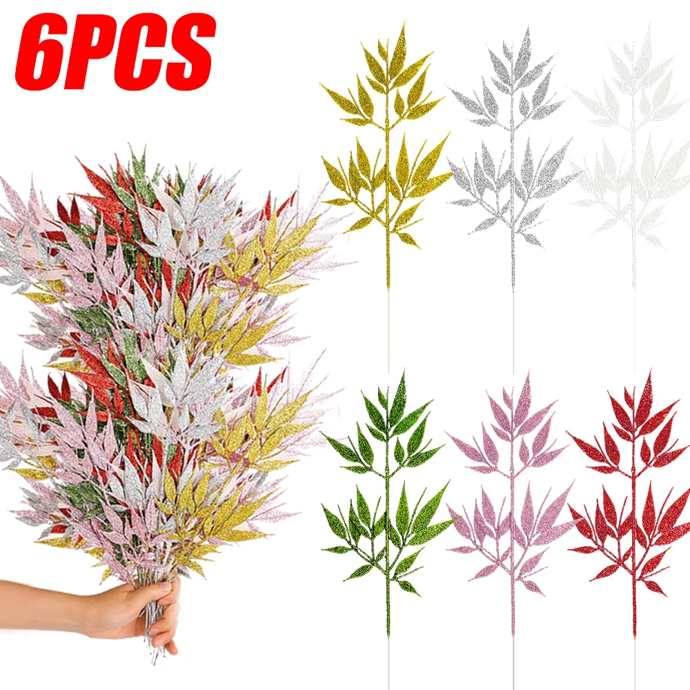 6/1pcs Artificial Glitter Christmas Bamboo Leaves Xmas Plastic Plants DIY Gifts Candy Box Ornament Christmas New Year Decoration