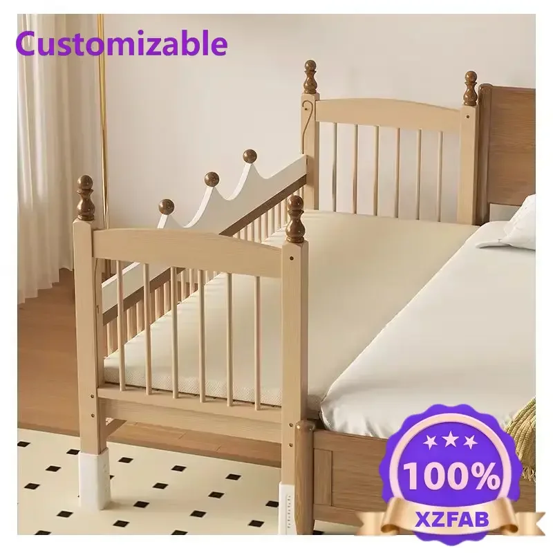 Factory Direct 2026 Children's splicing bed, adjustable height, solid wood widened bed, adults can sleep, fence can be lifted an