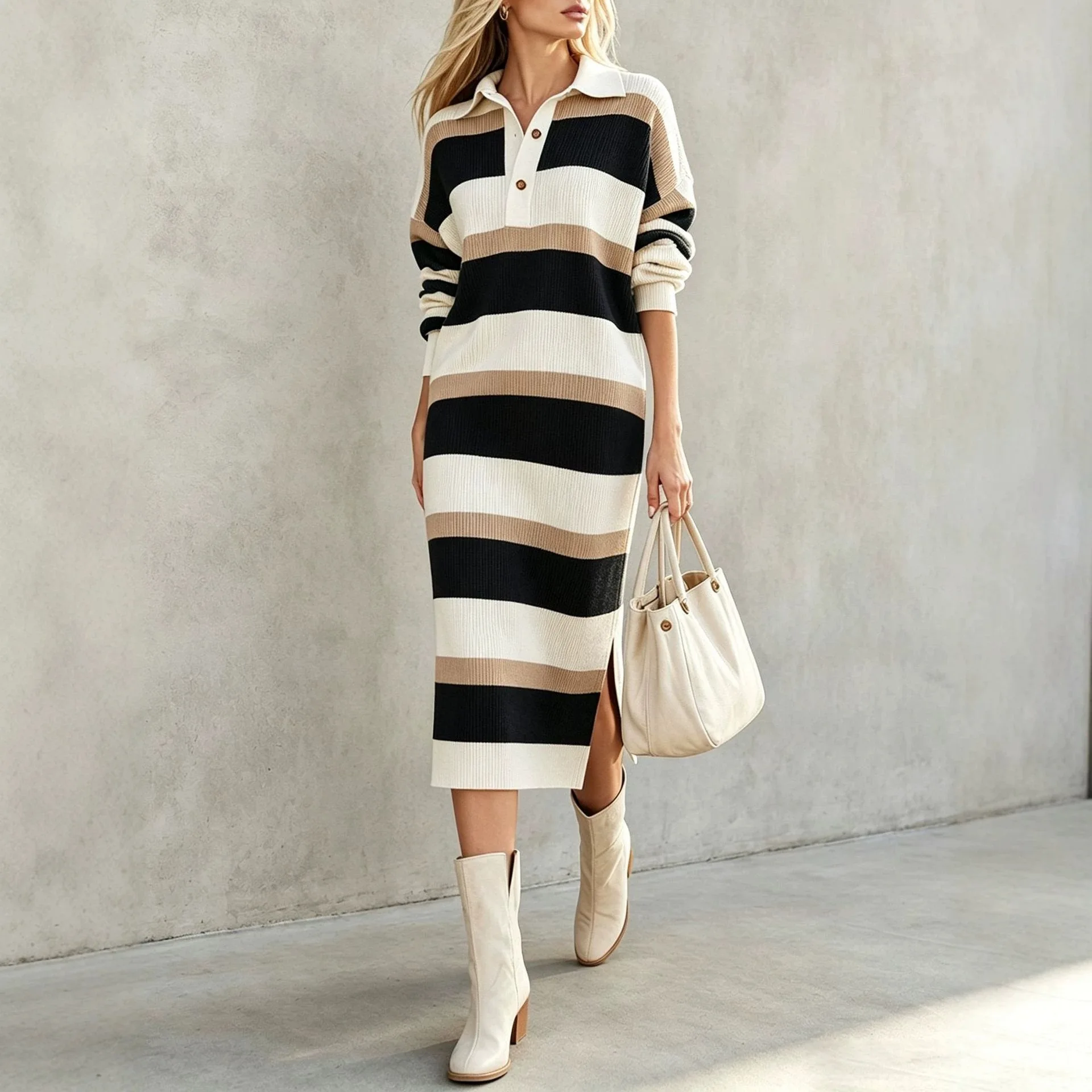Gaun Rajut Wanita Motif Garis- - Winter Clothing H&M ulasan dan harga