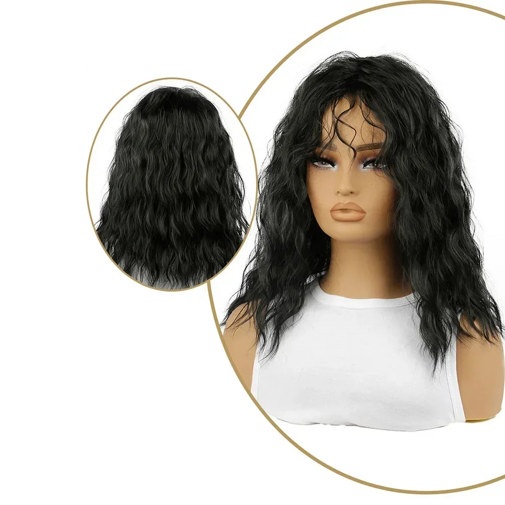 สังเคราะห์แฟชั่นสีดํา Bangs Curly Wave วิกผมขนาดกลางผู้หญิงจําลองคอสเพลย์ Full Head Cover