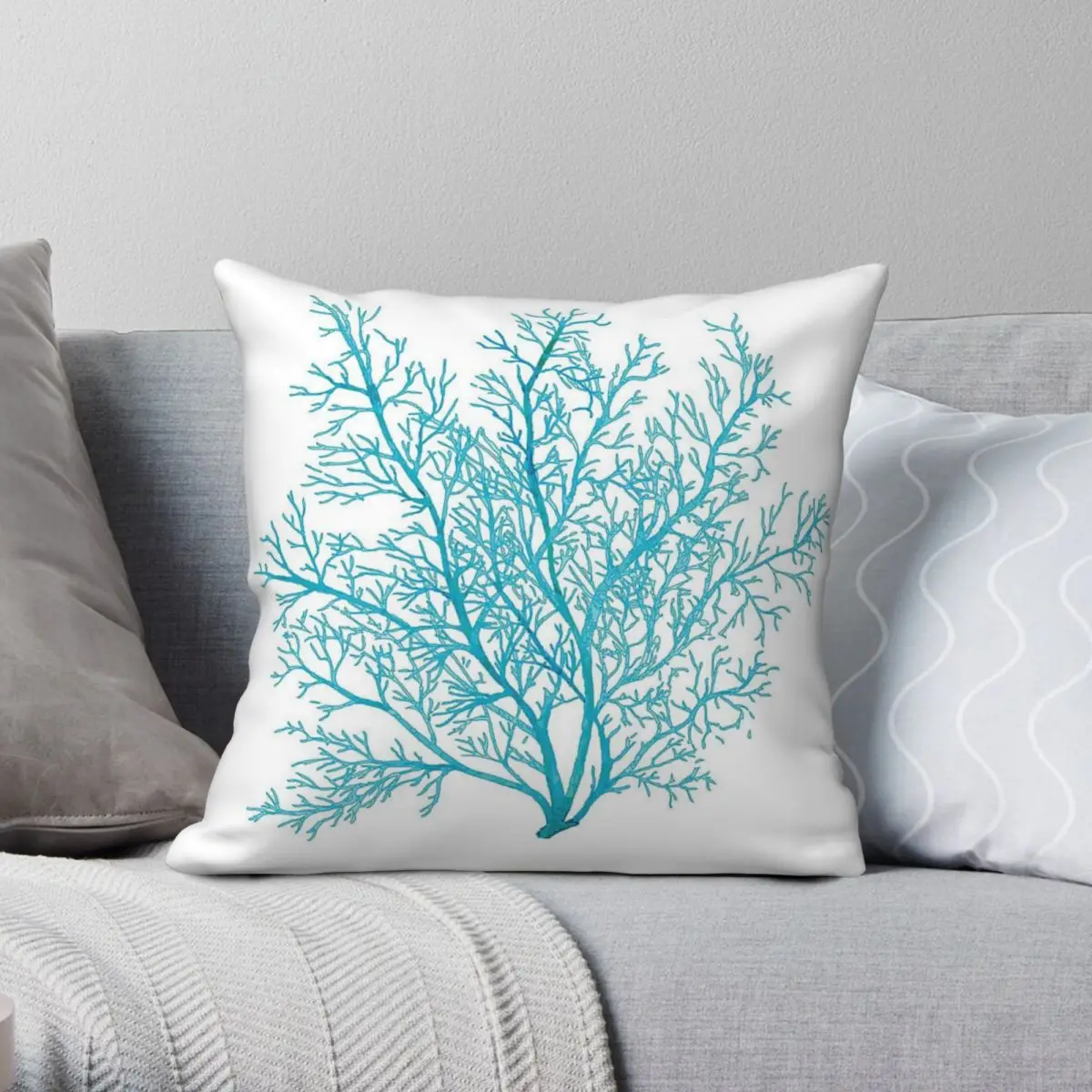 Coral Blue Sea Fan Pillowcase Polyester Linen Velvet Pattern Zip Decorative Pillow Case Home Cushion Cover