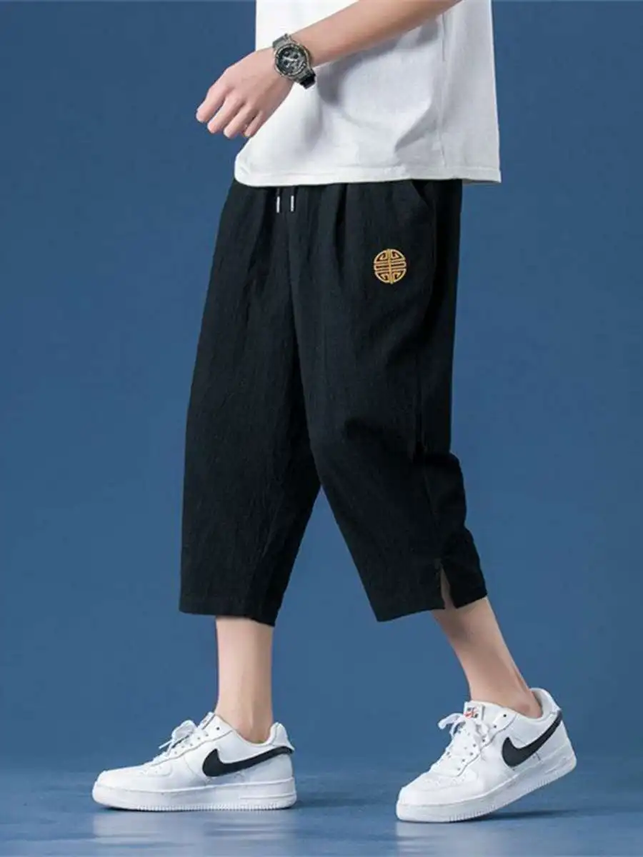 

Men's Summer Thin Casual Loose Cotton Linen Pants High Waist Seven-Foot Length Sporty Loose Fit Comfortable Breathable