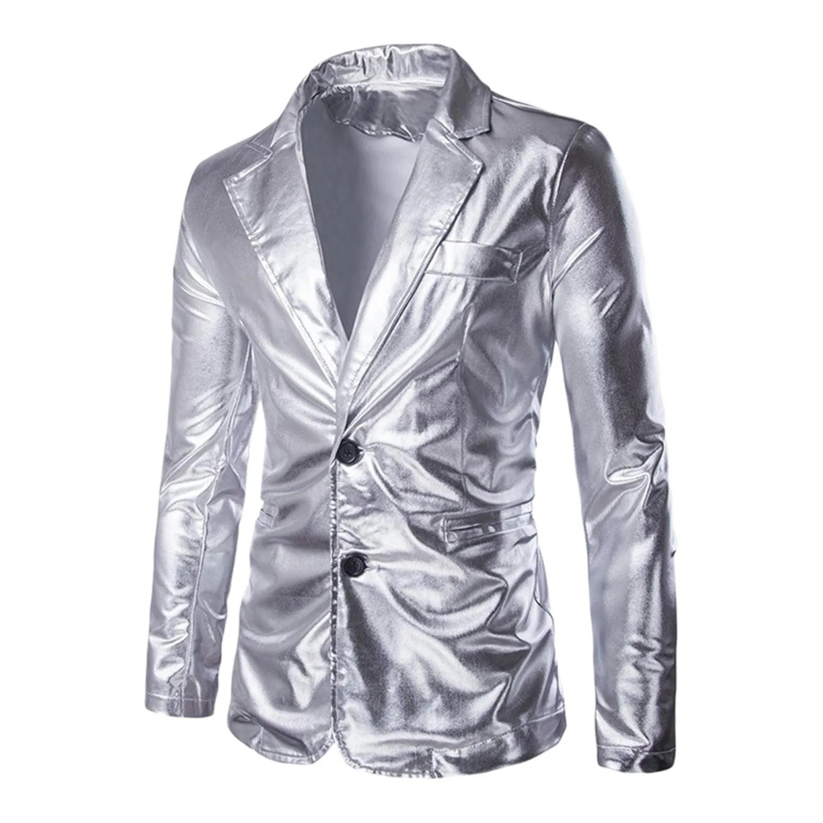 Bronzing Shiny Silver Suits Blazer Men Faux Leather Thin Suit Pants Gold Silver Black Fashion Wedding Party Stage Costumes