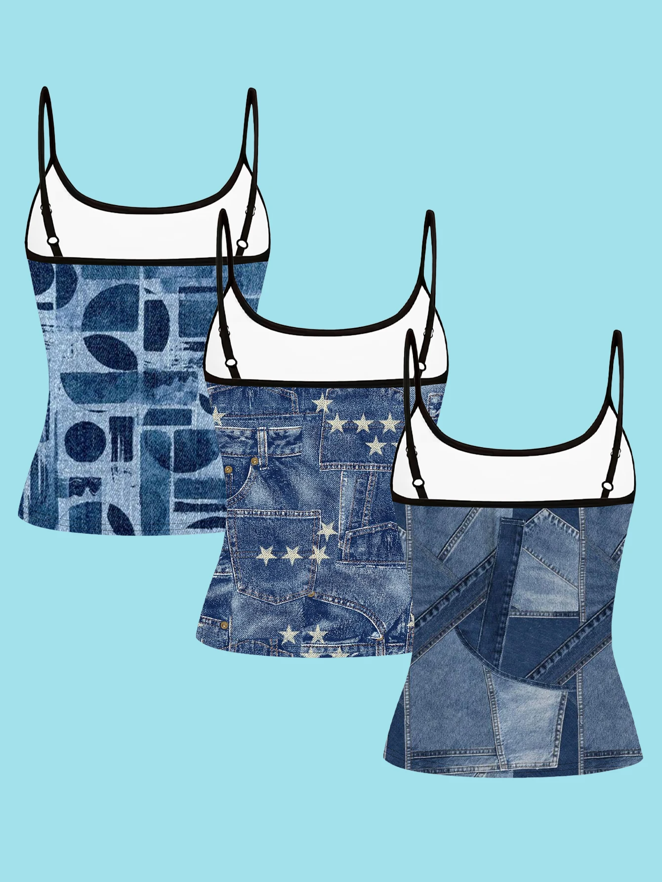 3-Pack Faux Denim Patchwork Pocket Star Print Thin Camisole Tank Top, Denim Pattern Geometric Patchwork Slim Fit Sleeveless Top, Y2K American Casual Inner Wear and Outerwear Base Shirt