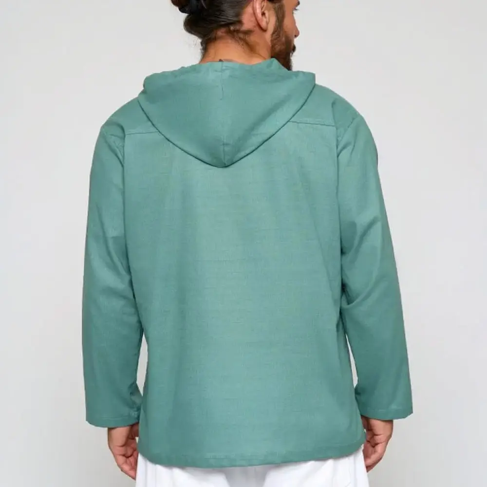 Mens Linen Cotton Hooded Shirt Long Sleeve Casual Pullover Tops Breathable Lightweight Spring Autumn Streetwear Solid Color