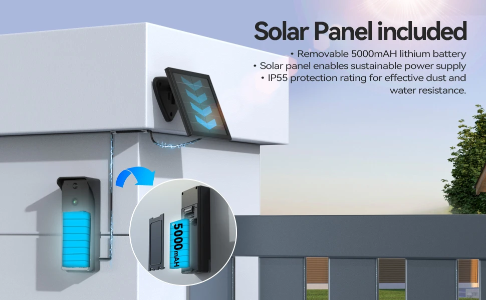 TMEZON Solarbetriebenes, kabelloses WLAN-Videotürsprechsystem für die Sicherheit zu Hause, 1080P-Intercom-System, 7-Zoll-Farb-Touchscreen-Monitor, Video-Türklingel mit Solarpanel, PIR-Bewegungserkennung, Fernentriegelung, 2,4/5G WLAN – Detail 6