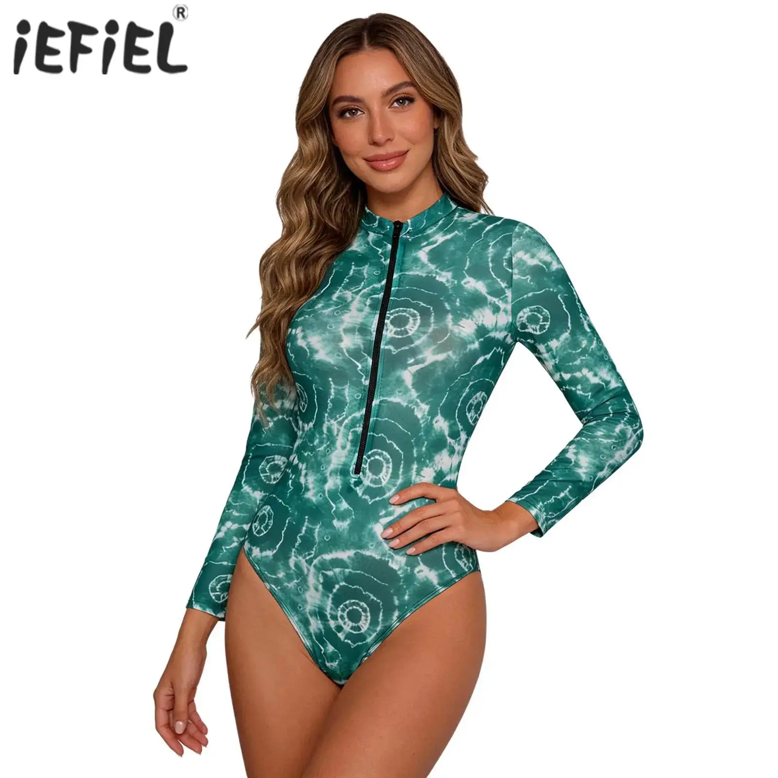 Womens One Piece Swimsuit Swim Leotard Long Sleeves Front Zipper Printed Sun Protect Bathing Suit for Swimming Beach Holiday