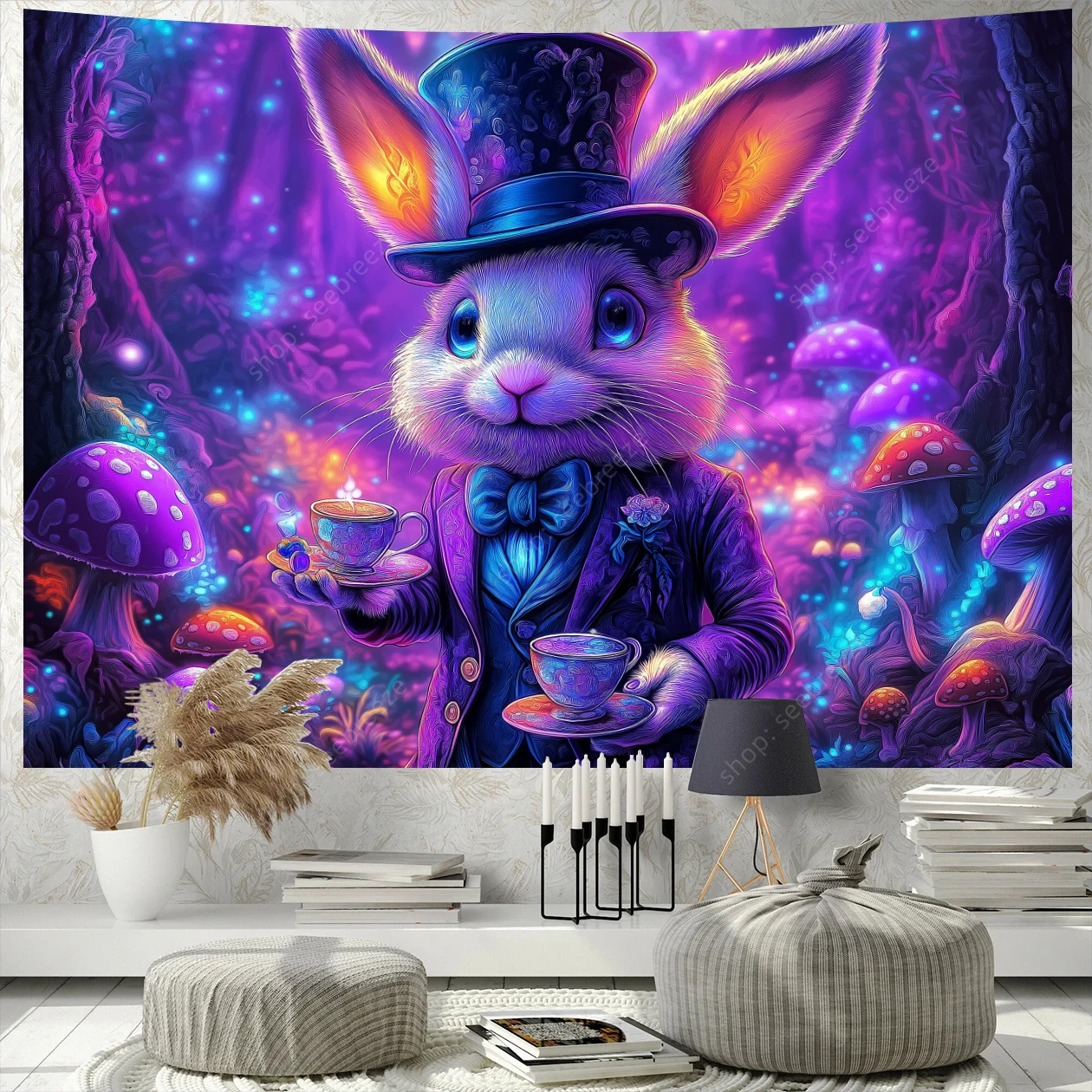 Glow in The Dark Mr Rabbit Tapestry Whimsical Fluorescent Wall Art for Kids Bedroom Nursery Decor Fantasy Night Light Design