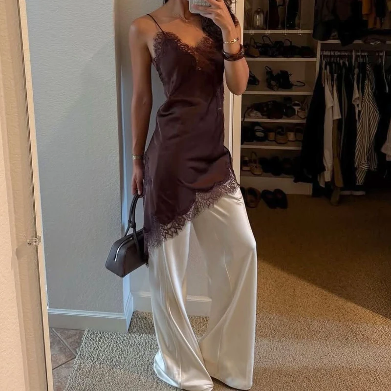 2025 New Lace Mini Strap Dress For Women Irregular Backless Slit Sexy Evening Party Dress Female High Waist Bottom Dresses