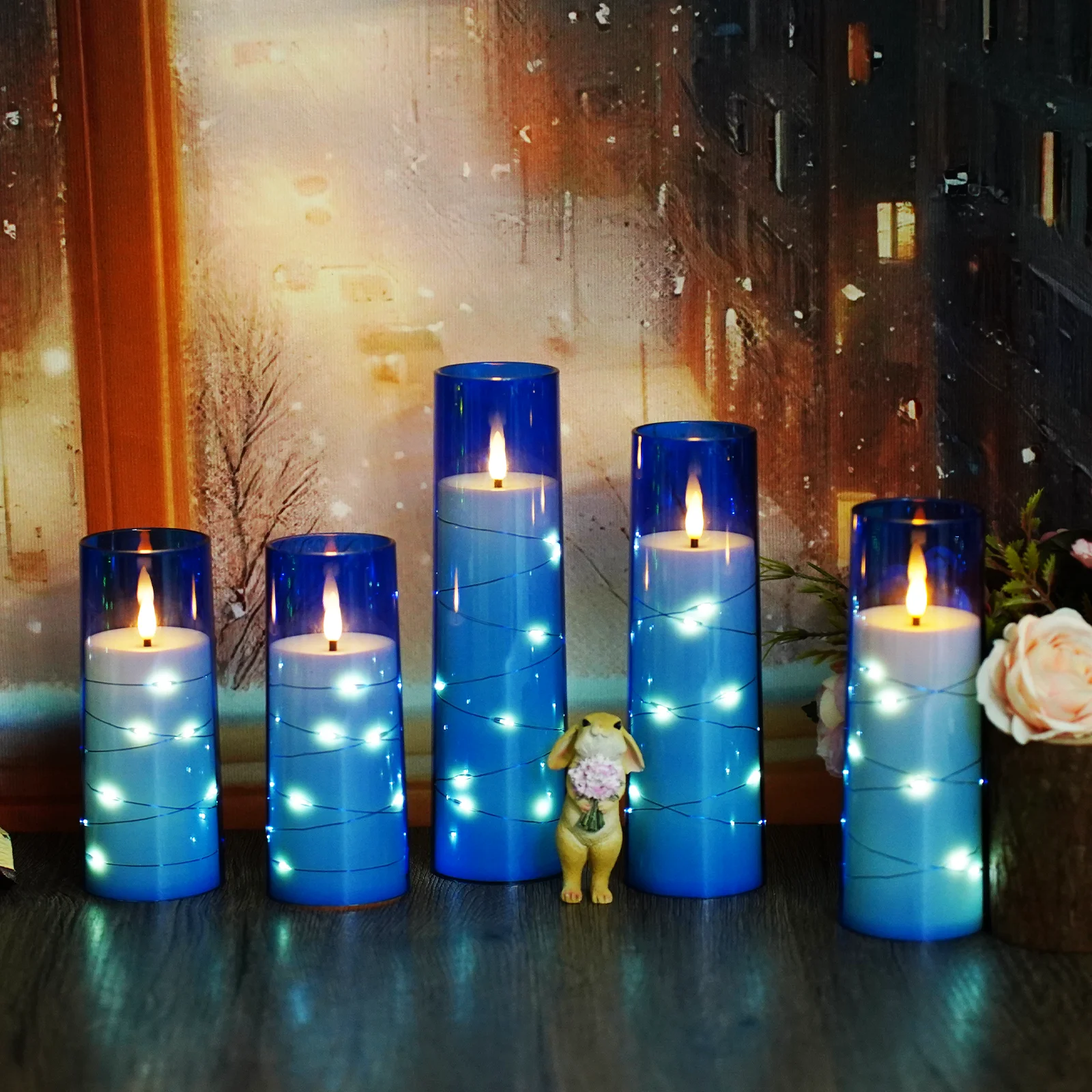5Pcs Blue Flameless LED Candles With Timer Flickering Acrylic Shell Embedded Star String Halloween Home Bedroom Bath Party Decor