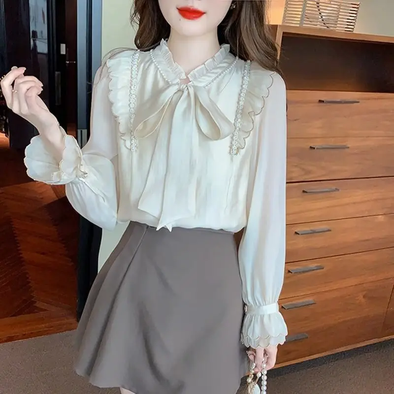 엘레 롱 스웨 여성용 쉬폰 셔츠 매듭 디테일 부드러운 외투 캐주얼 클린핏 얇은 소재 중국 브랜드