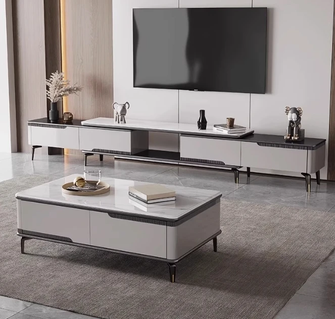 

Modern simple living room household solid wood TV cabinet coffee table combination rock slab retractable
