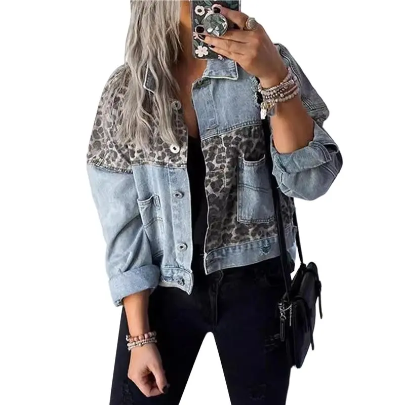 ABAH-Womens Button Down Distressed Leopard Denim Jean Jacket Washed Long Sleeve Ripped Cheetah Jean Coat