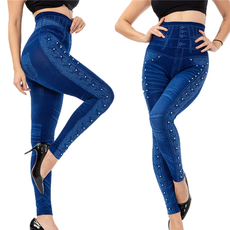 High Taille Faux Denim Jean Leggings schlanke elastische nahtlose dünne Bleistift hose weibliche Workout Running Leggings