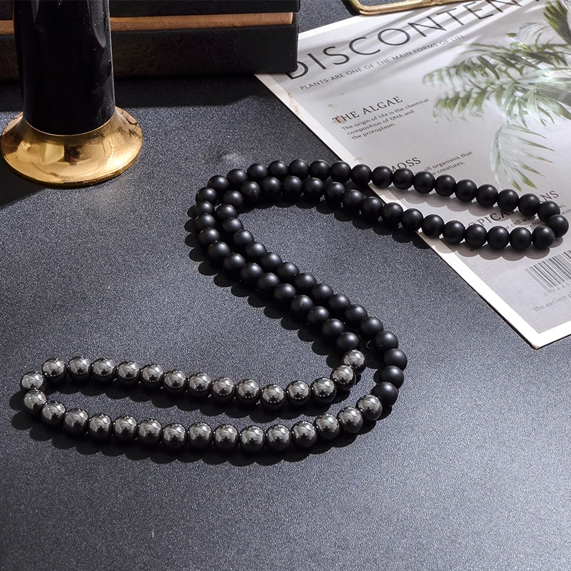 8mm Mattle Black Onyx with Hematite Beaded Long Necklace Jewelry for Men and Women