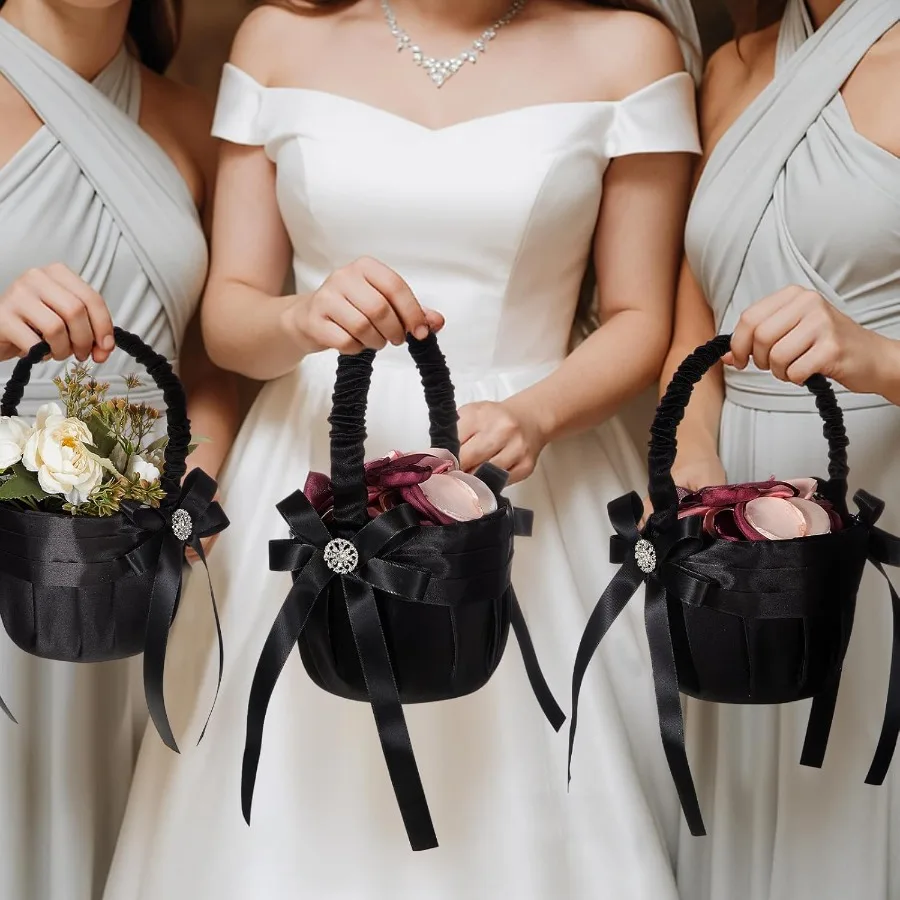 2 Pcs Wedding Black Flower Girl Basket Gothic Flower Basket for Wedding Ceremony Satin Rhinestone with Handle for Petals Confet