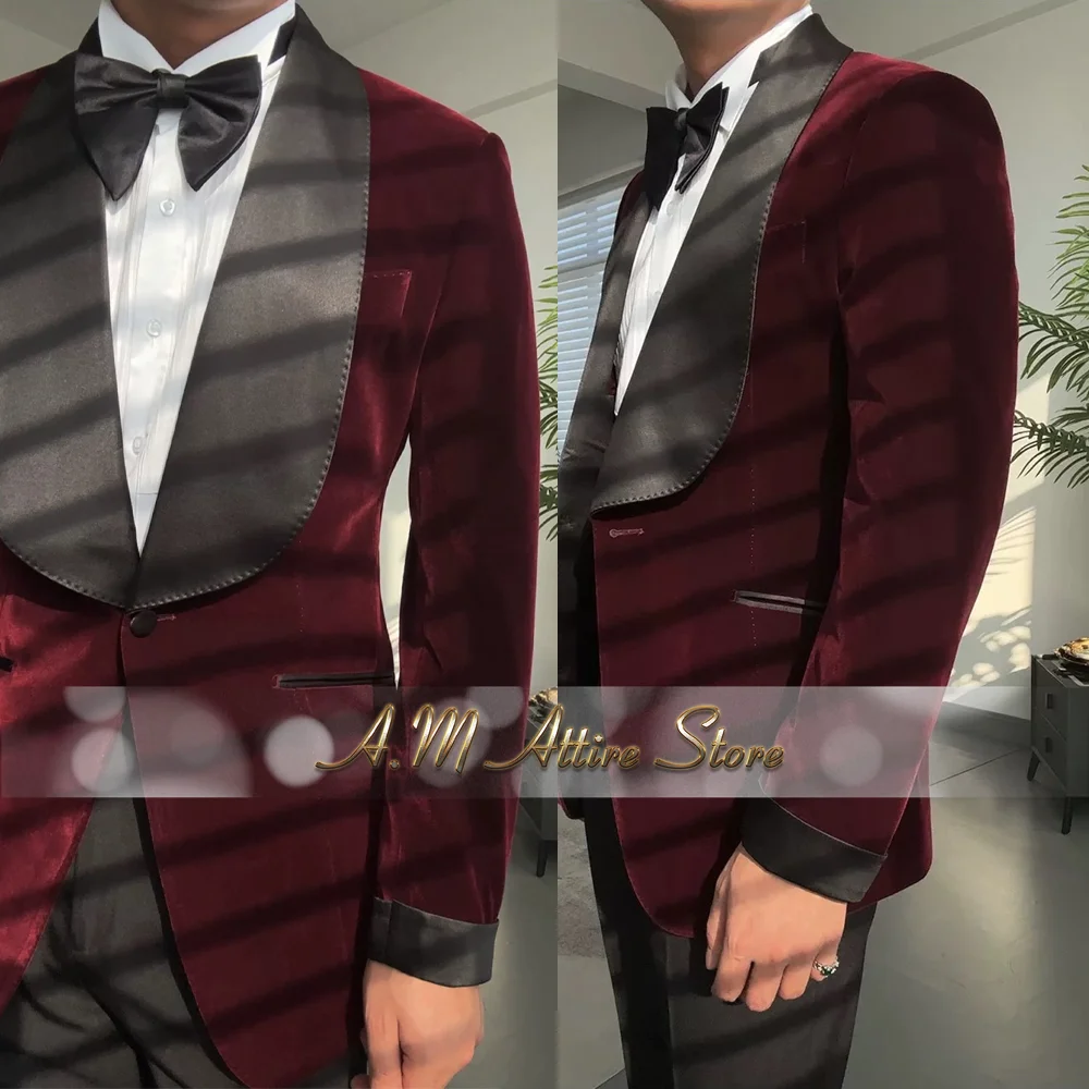 Burgundy Velvet Wedding Suit for Men 2Pcs Black Shawl Laple Blazer Pants Set for Groomsmen Cocktail Prom Dinner Party Tuxedo