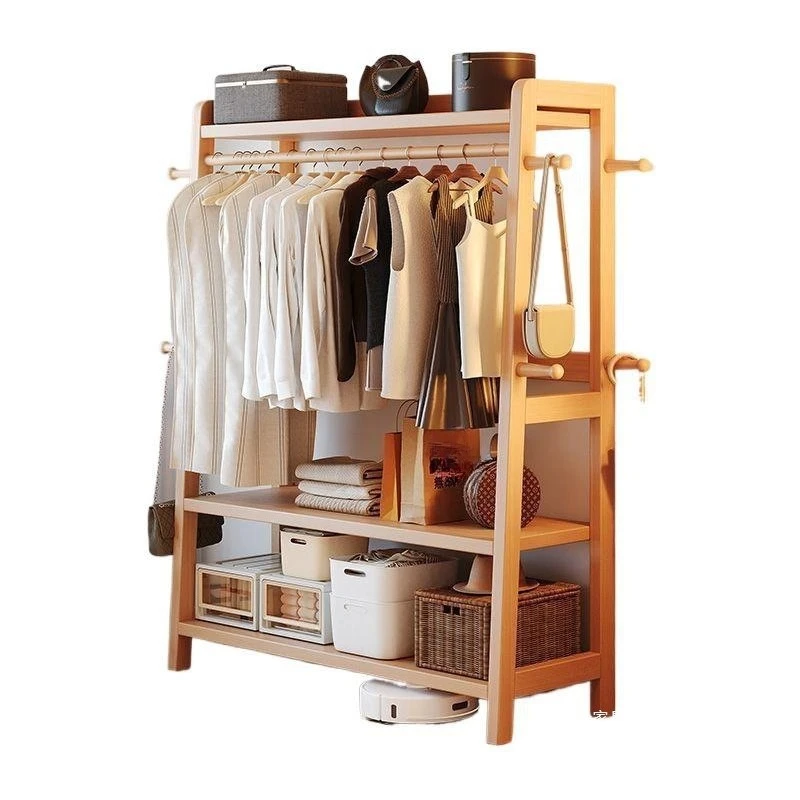 Solid wood coat rack, floor-to-ceiling bedroom hanger, household shelf, shoe changing stool integrated