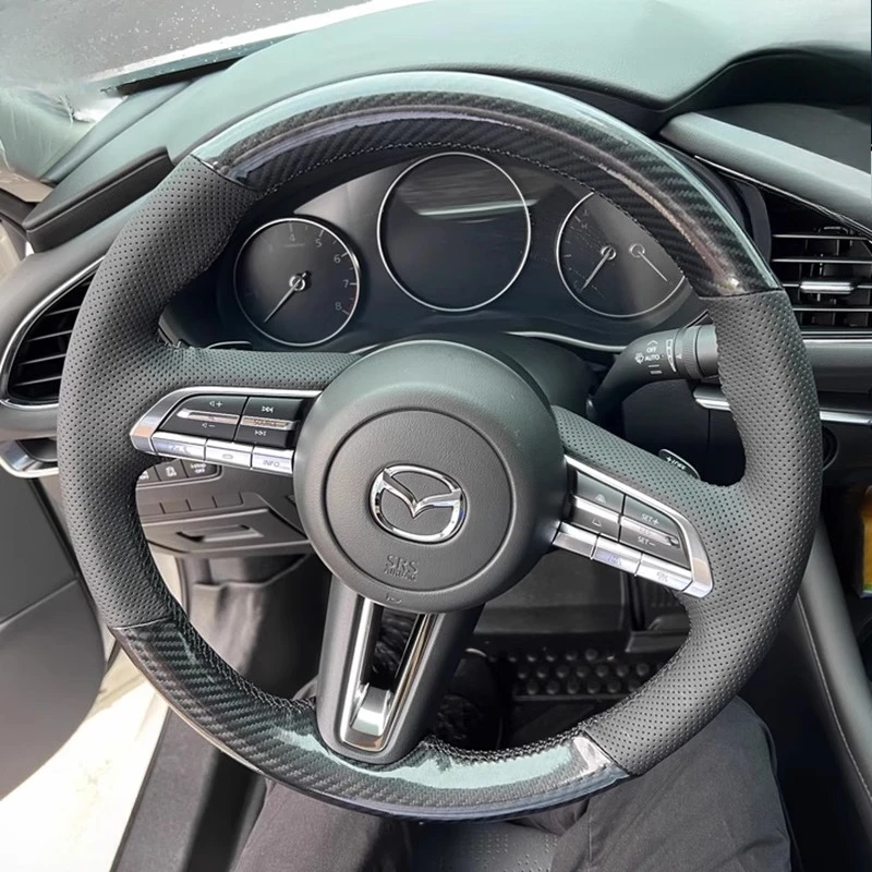 

For Mazda CX-30 2019-2023 Mazda 3 Axela 2019-2023 Hand Stitched Genuine Leather carbon fibre Car Steering Wheel Cover