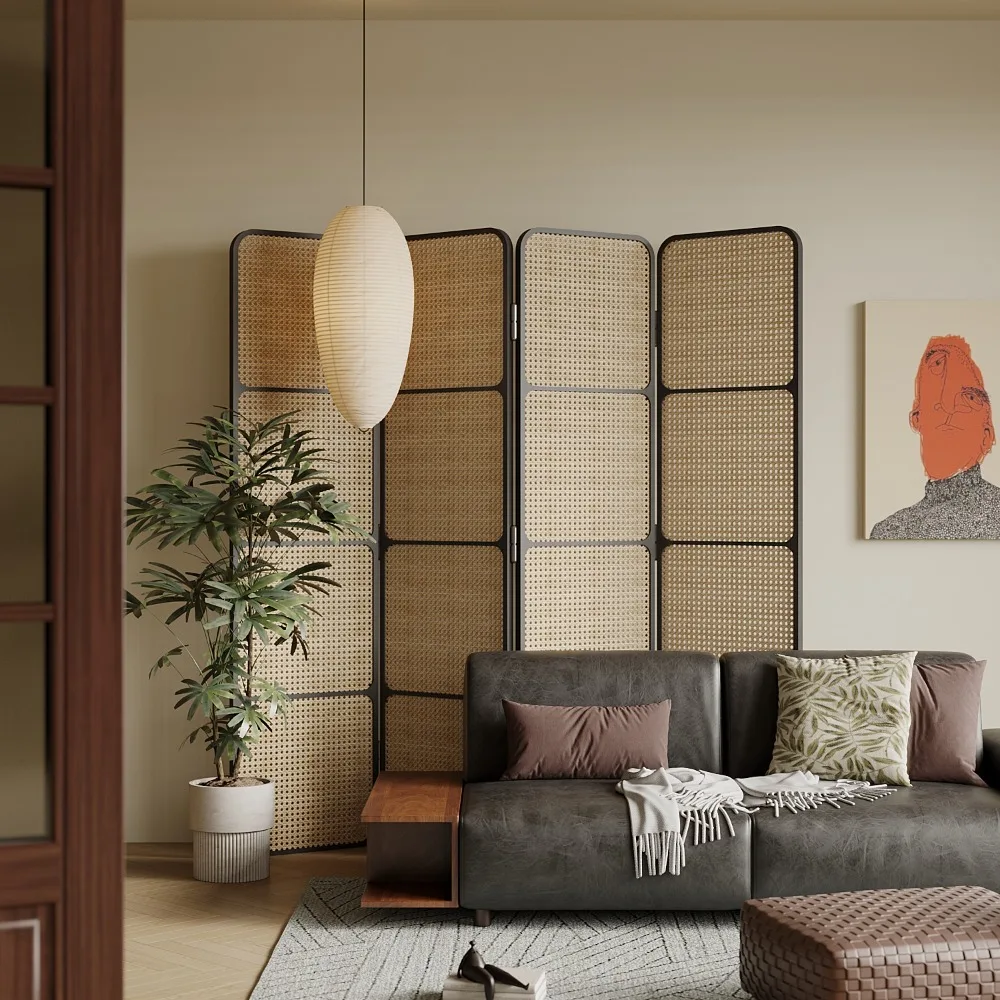New Chinese rattan screen partition modern simple home living room tea room Japanese solid wood office folding entrance