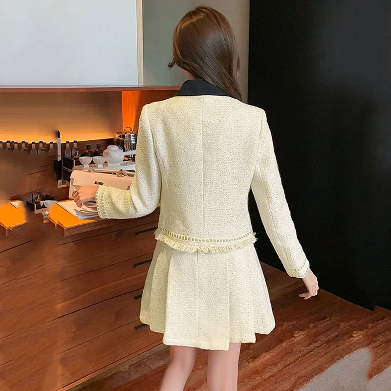 Winter Short Blazer Elegant Office Lady Tweed Coat High Waist A-line Mini Skirt Retro Female Two Piece Suit Jacket