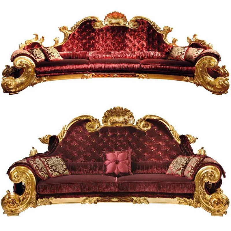 Salon Wood Solid Sofa French Palace Modern Luxury Villa Living Room Gold Foil Red Flannel Sofa Modern Muebles Unique Furniture