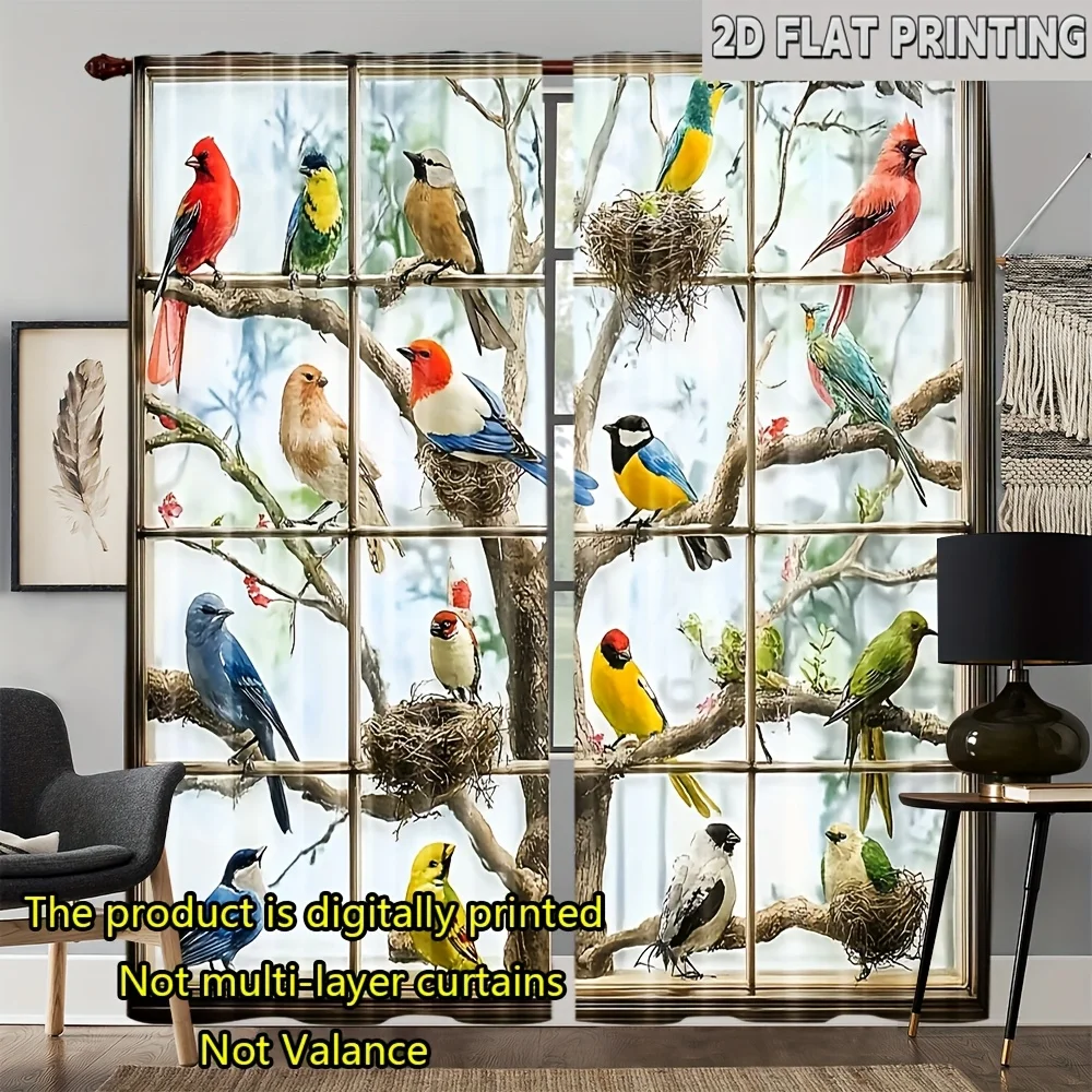 Contemporary Multi Color Bird Rod Pocket Window Curtains 2 Panel Modern Nature Art Curtains for Living Room Decor